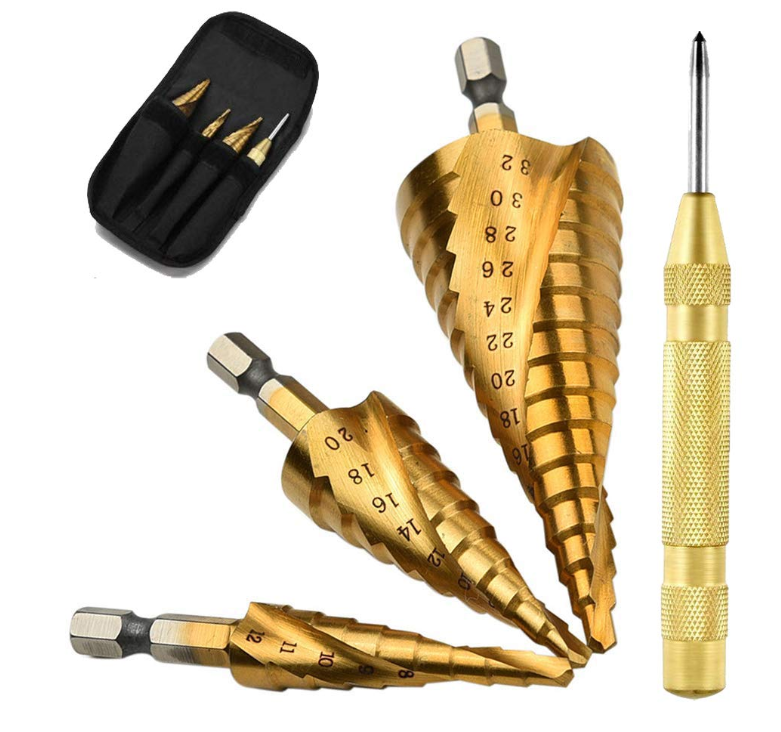 ステップドリル 3本セット 収納ポーチ・自動センターパンチ付