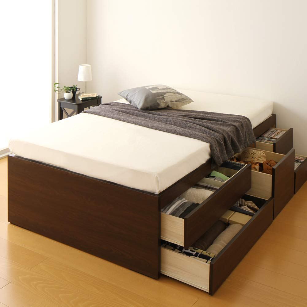 国産 大容量 収納ベッド ダブル ヘッドレス (ベッドフレームのみ) ブラウン