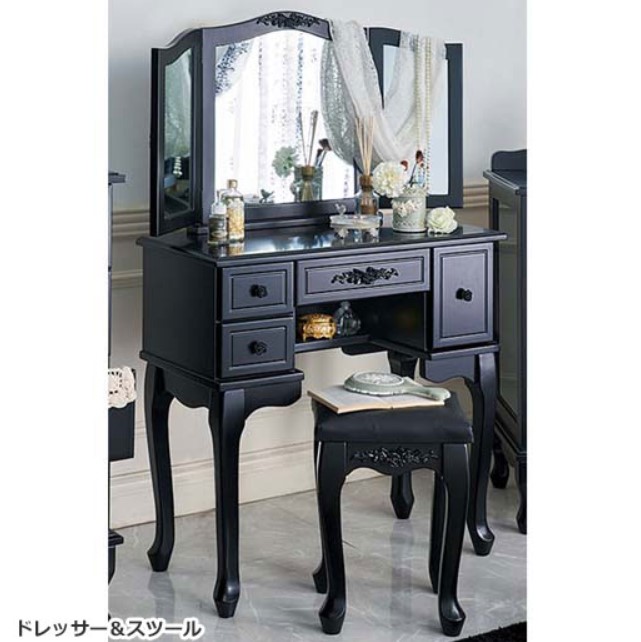 ブラックローズアンティーク猫脚家具 ドレッサー＆スツール HSCS-00212