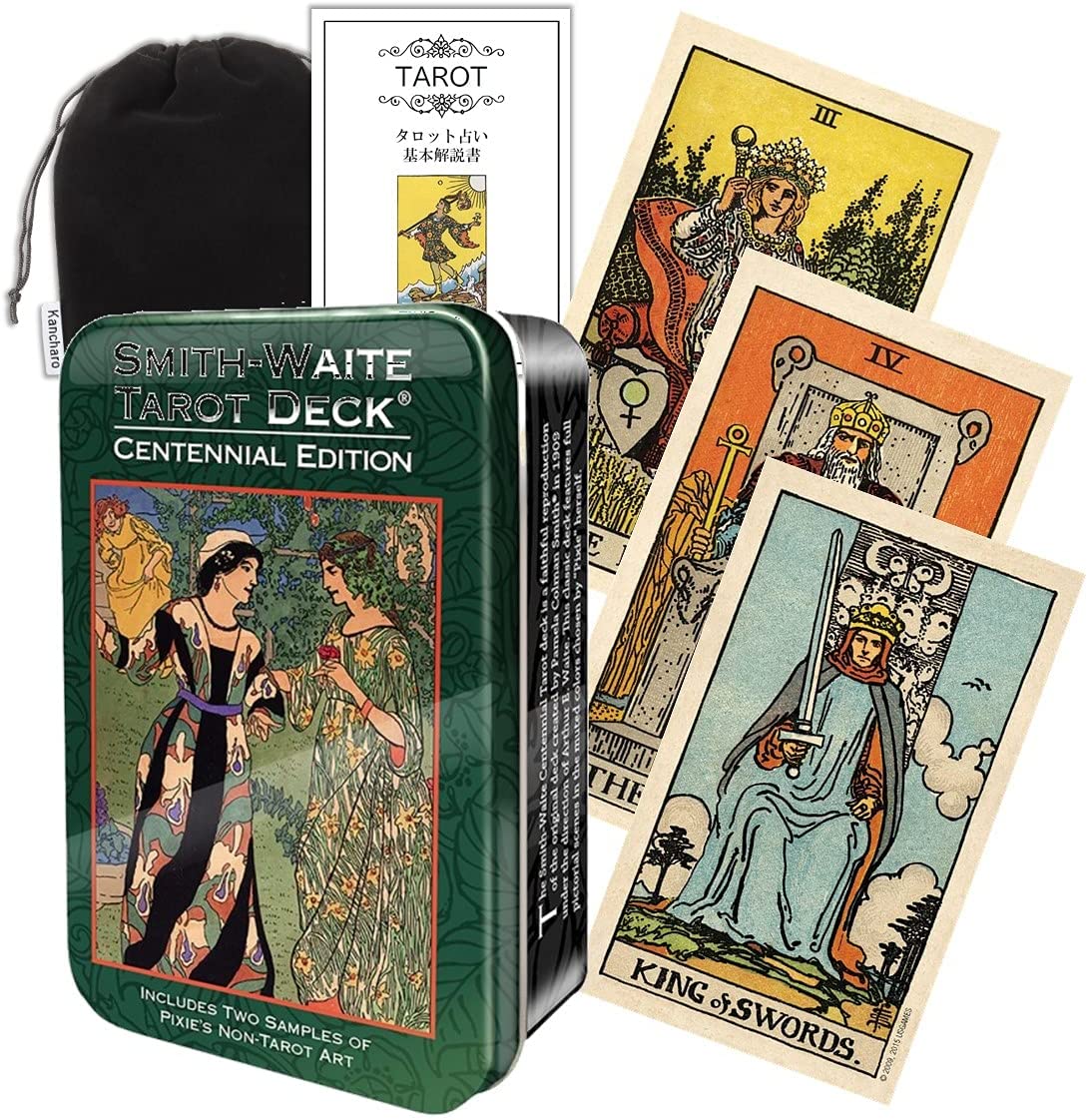 Kancharo タロットカード 80 枚【スミス ウェイト タロット 復刻版 缶入り】日本語説明書&ポーチ付き（正規品）