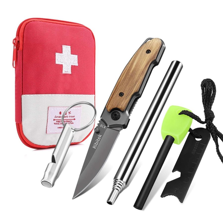 Ribitek ファイヤースターター 折りたたみナイフ ホイッスル 火吹き棒 5点緊急用セット